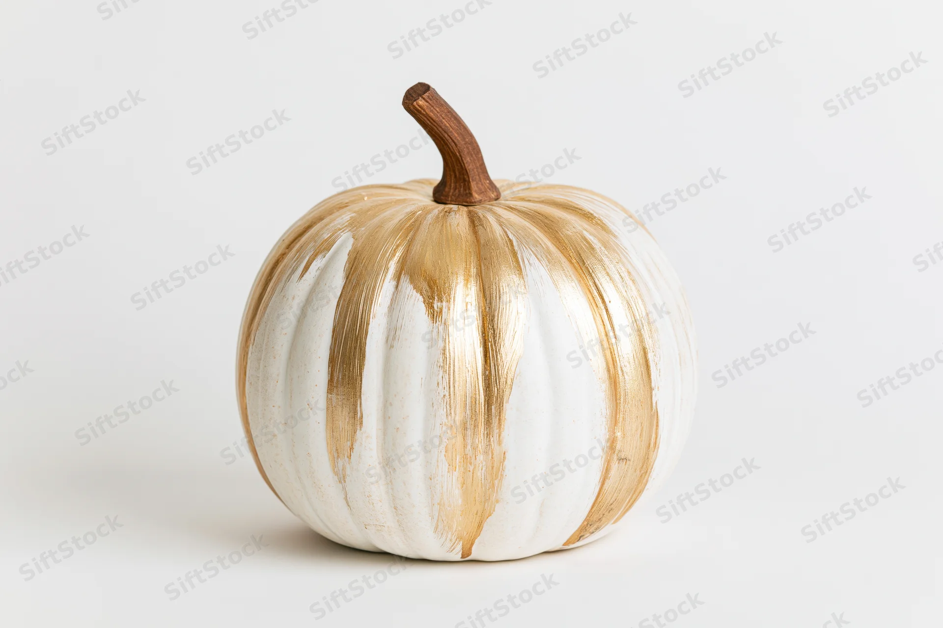 White and gold painted ceramic pumpkin on a plain white surface