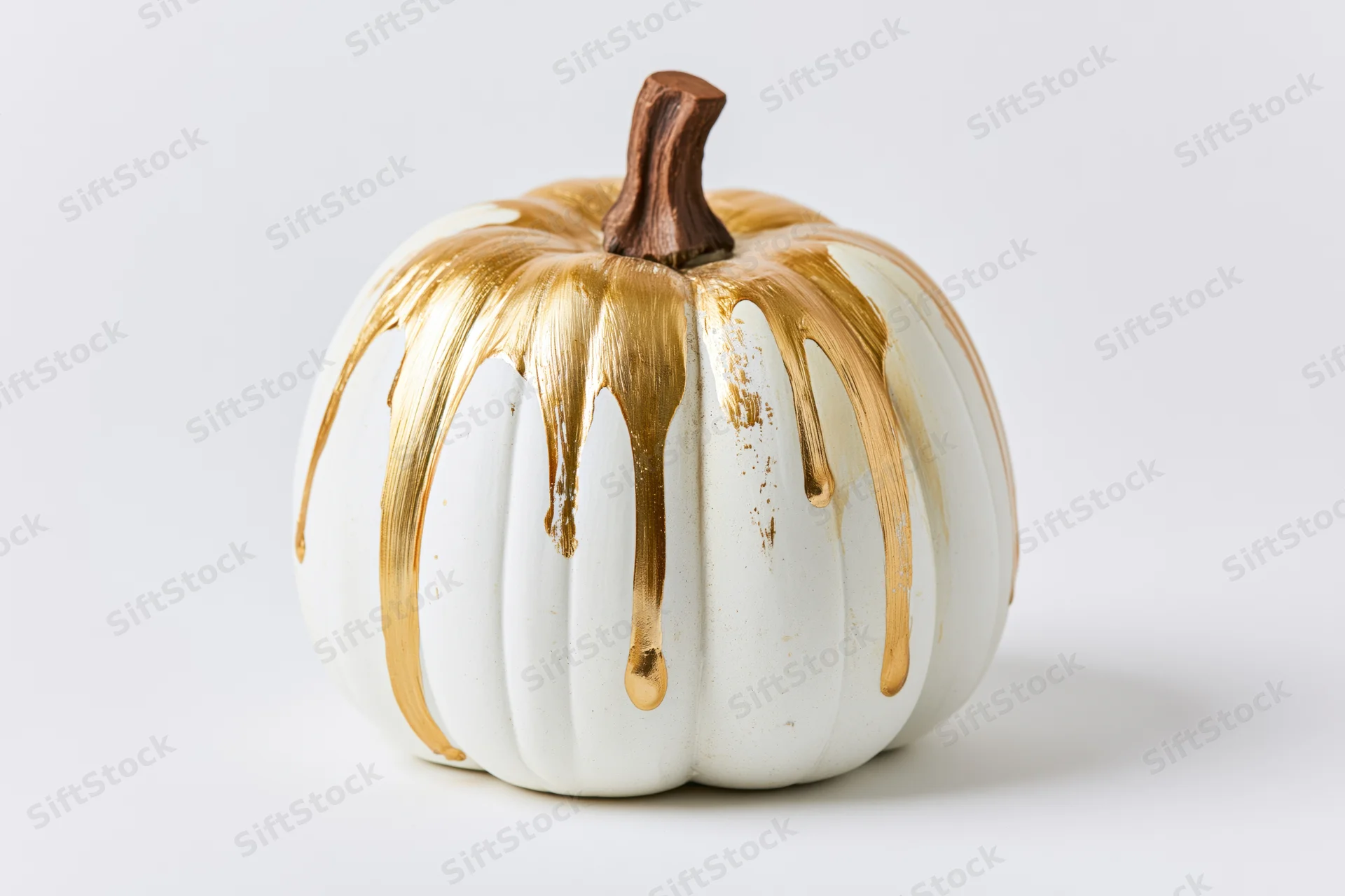 White ceramic pumpkin with gold paint dripping down its ridges on a plain white surface