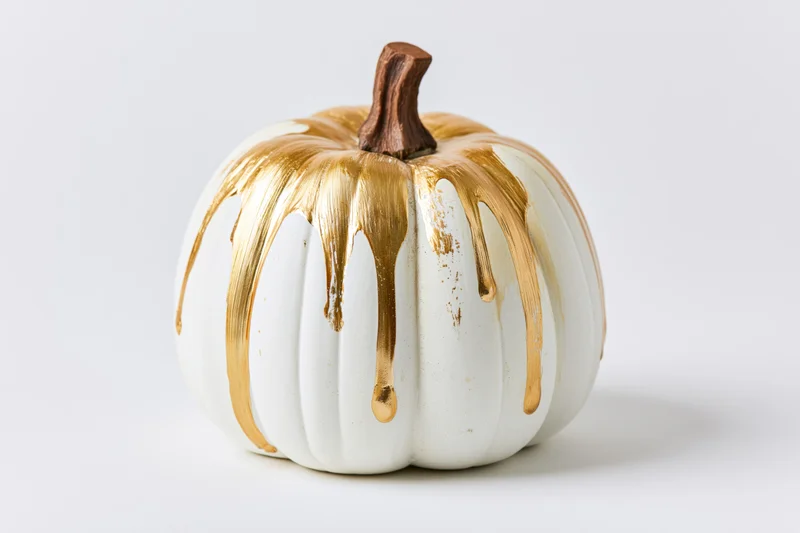 White ceramic pumpkin with gold paint dripping down its ridges on a plain white surface