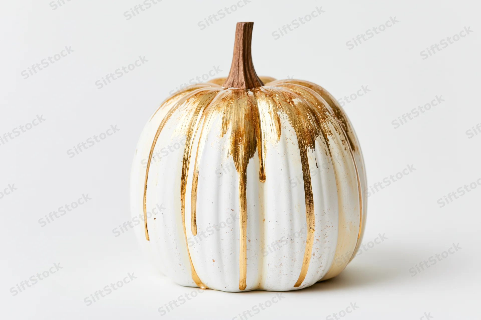 White ceramic pumpkin with gold paint drips on a plain white background