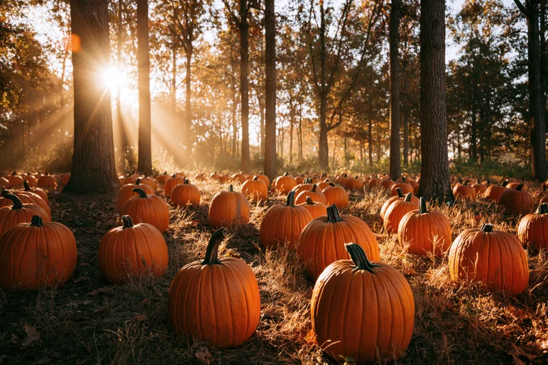 Pumpkins scattered across forest floor in autumn sunlight