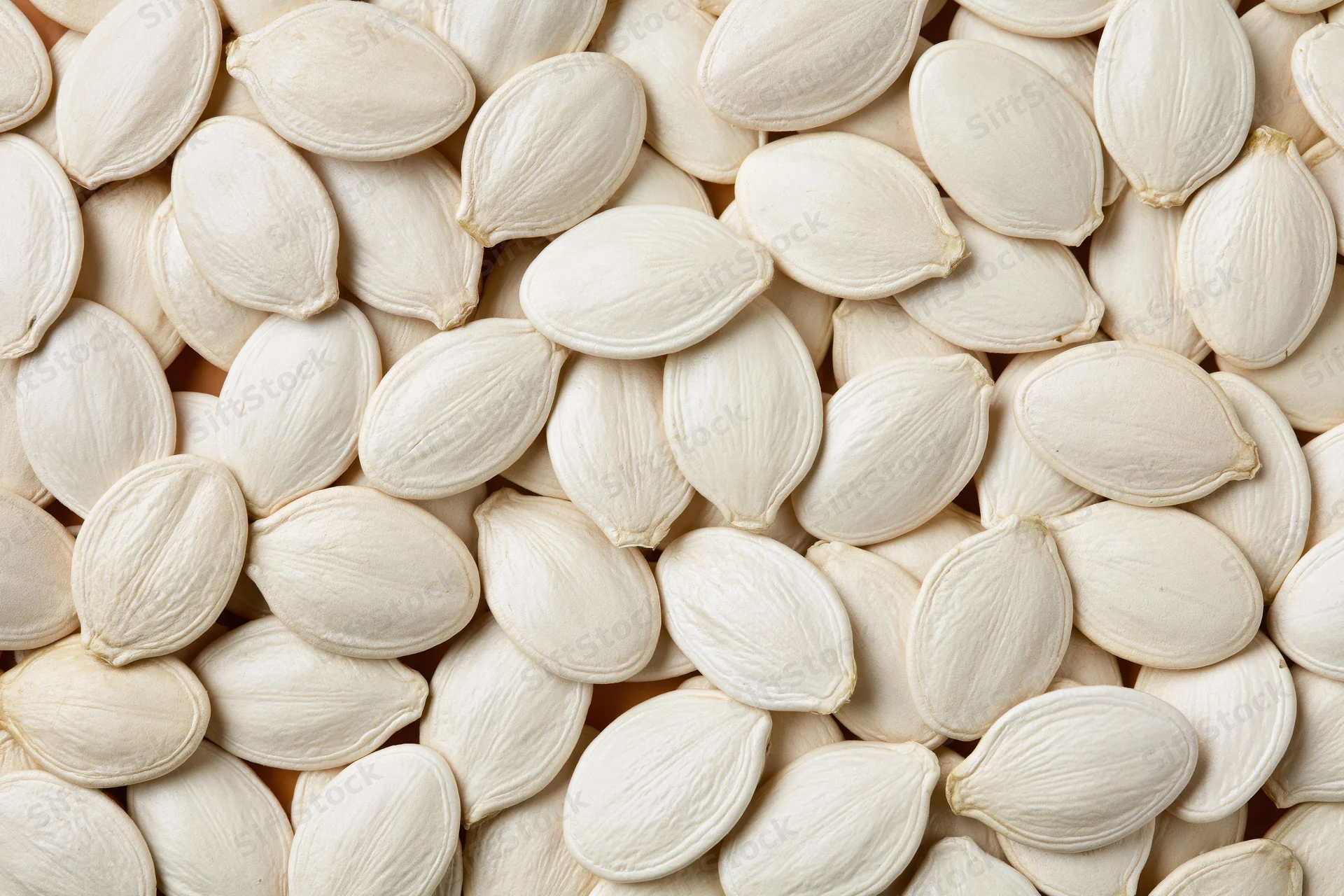 Dried white pumpkin seeds arranged in a flat lay filling the frame