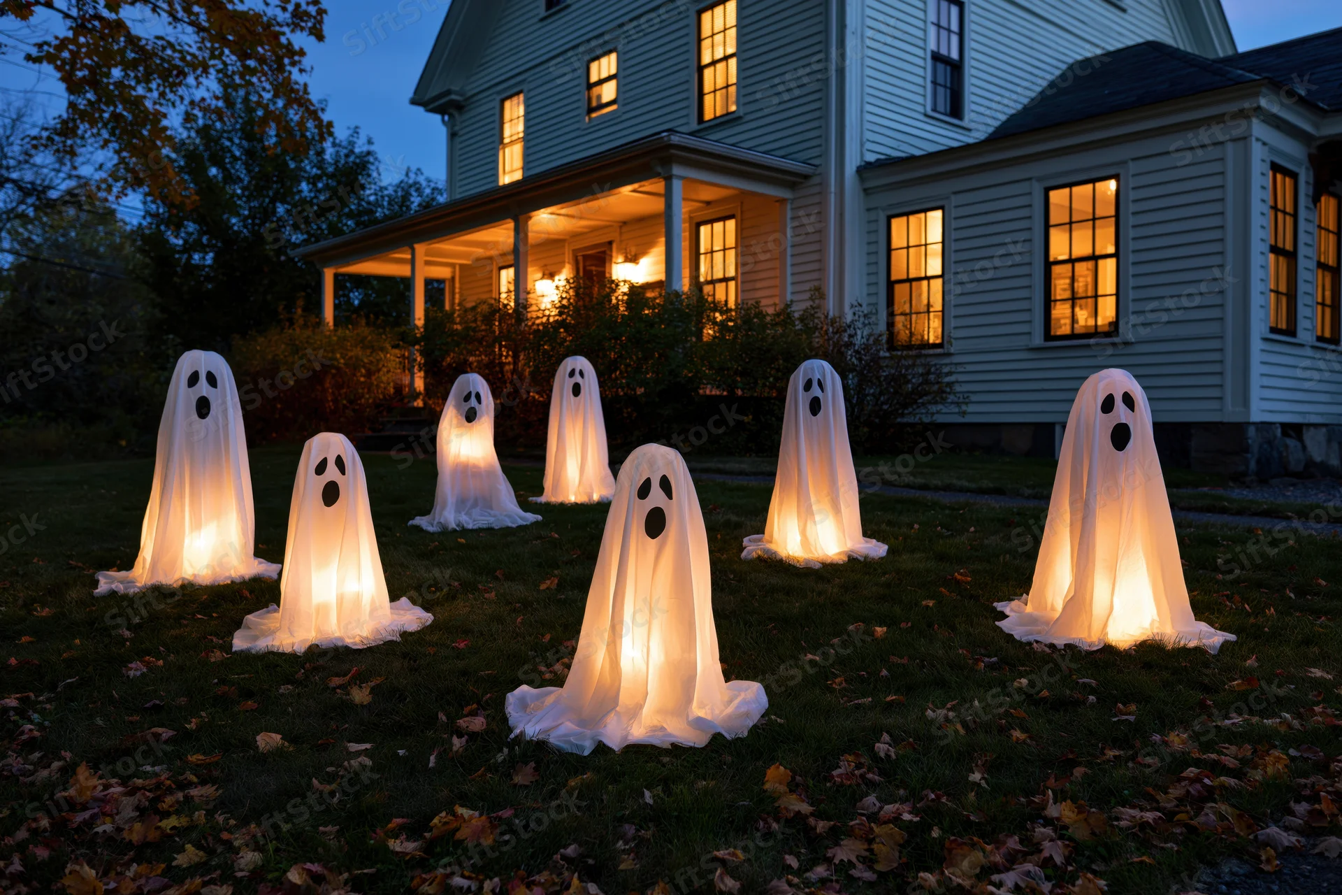 Glowing halloween ghost decorations arranged on a front lawn at twilight in front of a house with lit windows