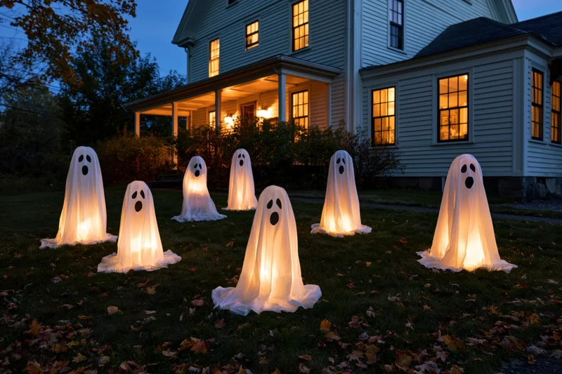 Glowing halloween ghost decorations arranged on a front lawn at twilight in front of a house with lit windows
