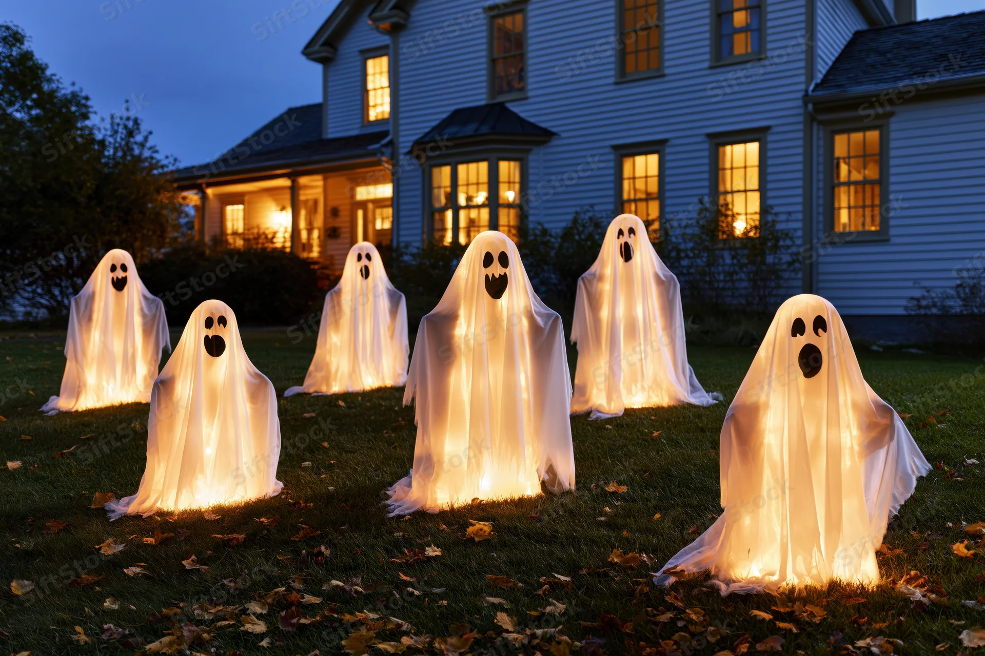 Glowing halloween ghost decorations arranged on a front lawn at evening in front of a house
