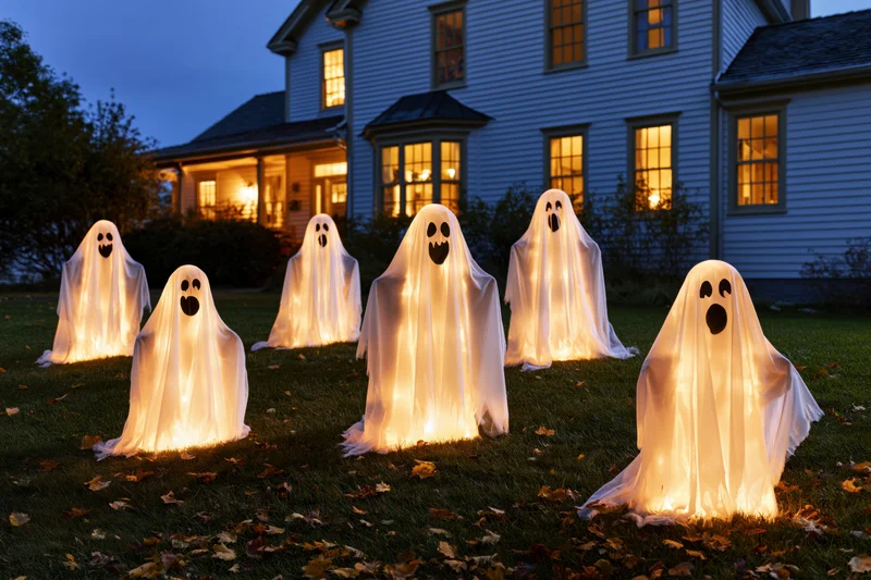 Glowing halloween ghost decorations arranged on a front lawn at evening in front of a house
