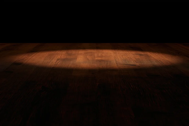 Spotlight illuminating a dark wooden floor in a dimly lit space with copyspace