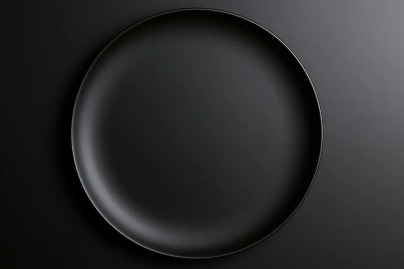 Matte black ceramic dinner plate centered on dark surface