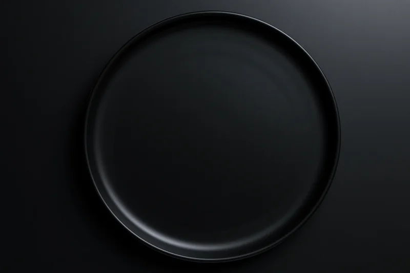 Matte black ceramic dinner plate centered on dark flat surface