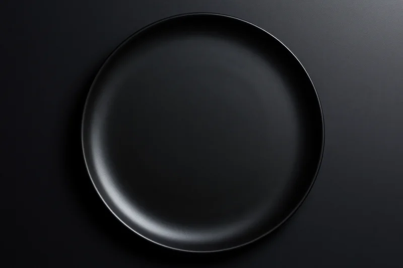 Empty matte black ceramic dinner plate centered on dark surface