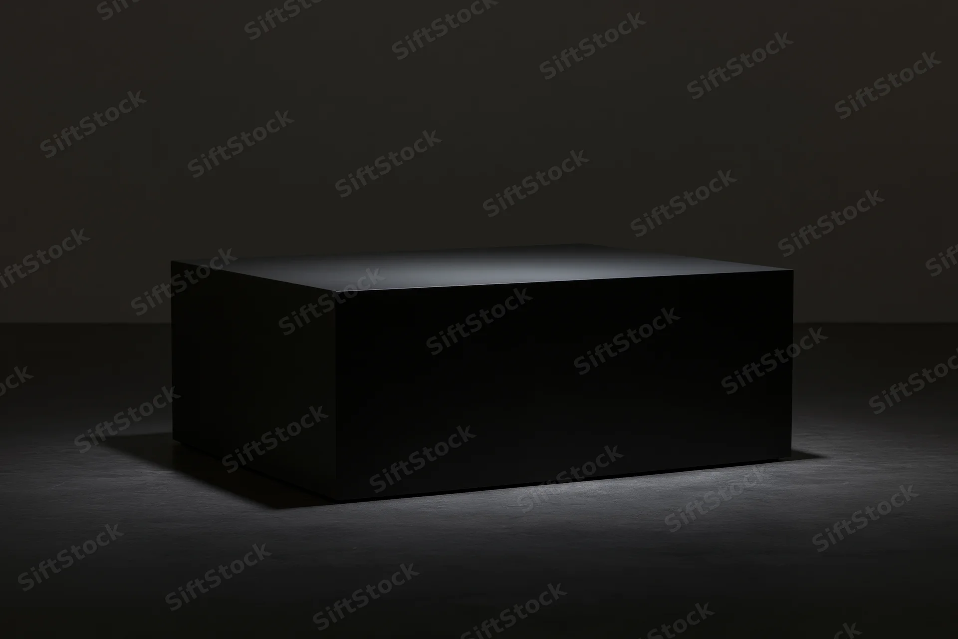Matte black rectangular pedestal on dark floor under spotlight in studio setting
