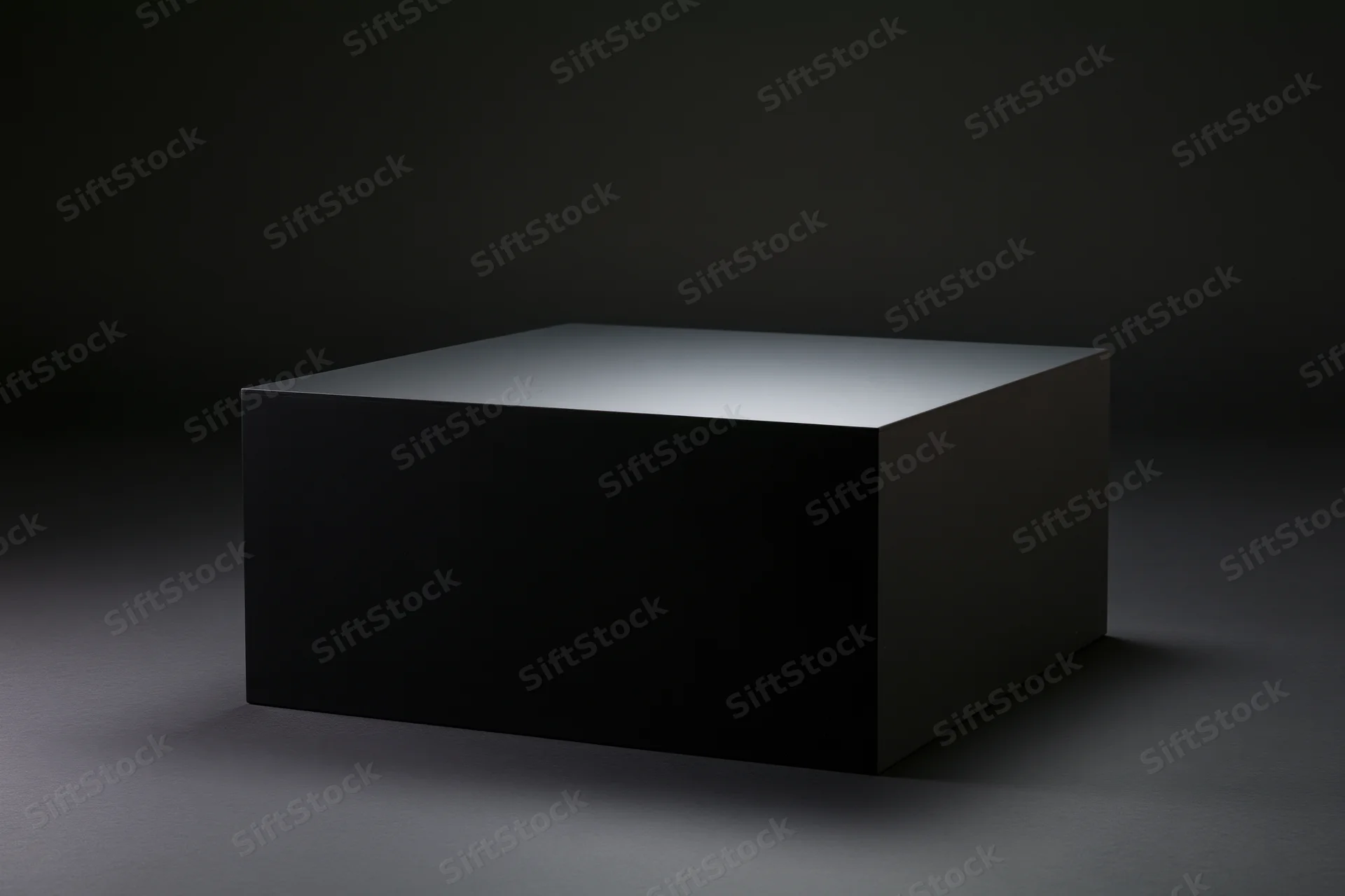 Matte black rectangular pedestal on dark studio floor with spotlight and copyspace
