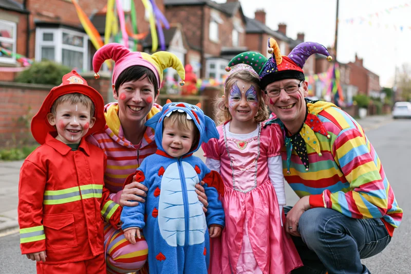 Family of five in colorful carnival costumes posing together on a decorated residential street