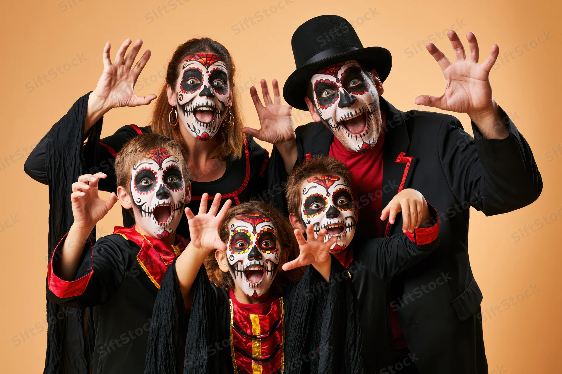 Family in halloween skeleton costumes posing with raised hands in studio