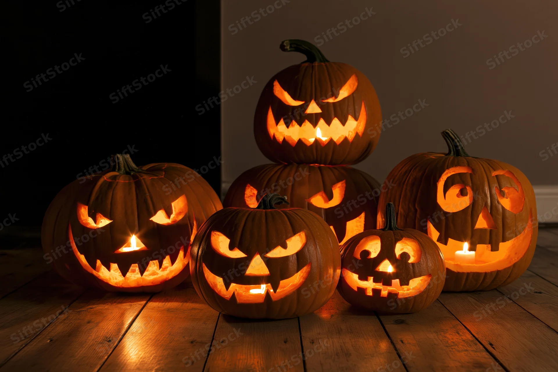 Five carved jack-o-lanterns glowing on a wooden floor indoors