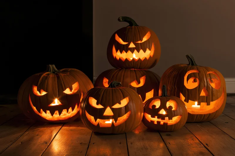 Five carved jack-o-lanterns glowing on a wooden floor indoors