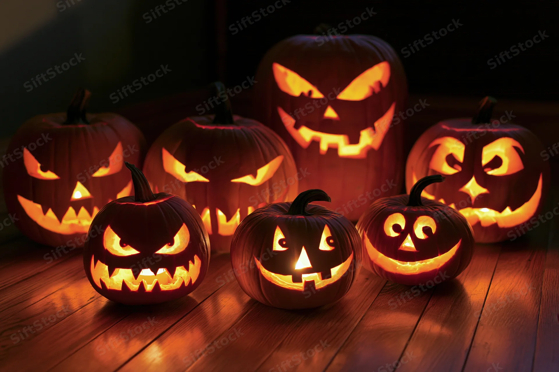 Carved jack-o-lanterns glowing on a wooden floor