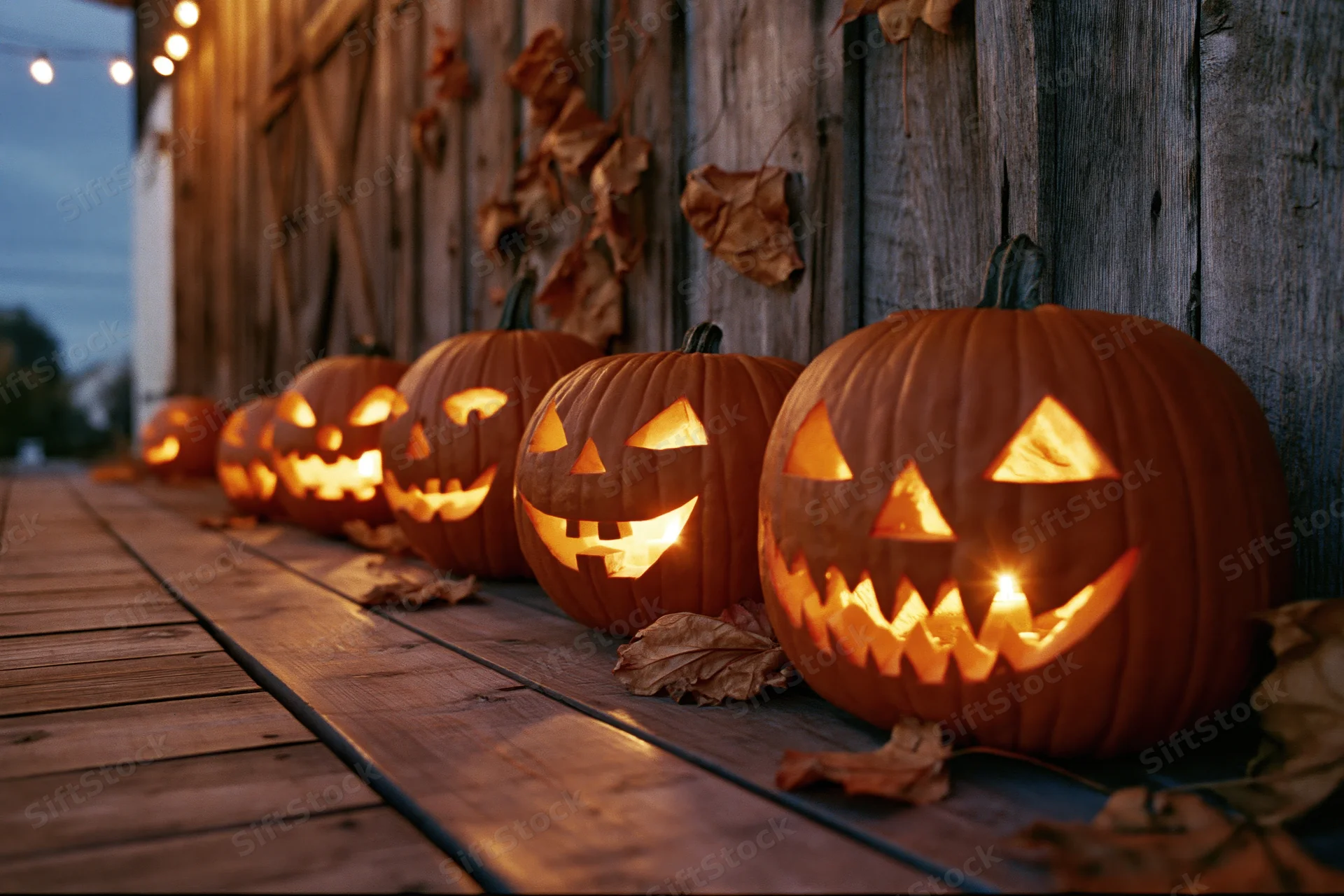 Carved jack-o-lanterns lined up along a wooden porch at evening