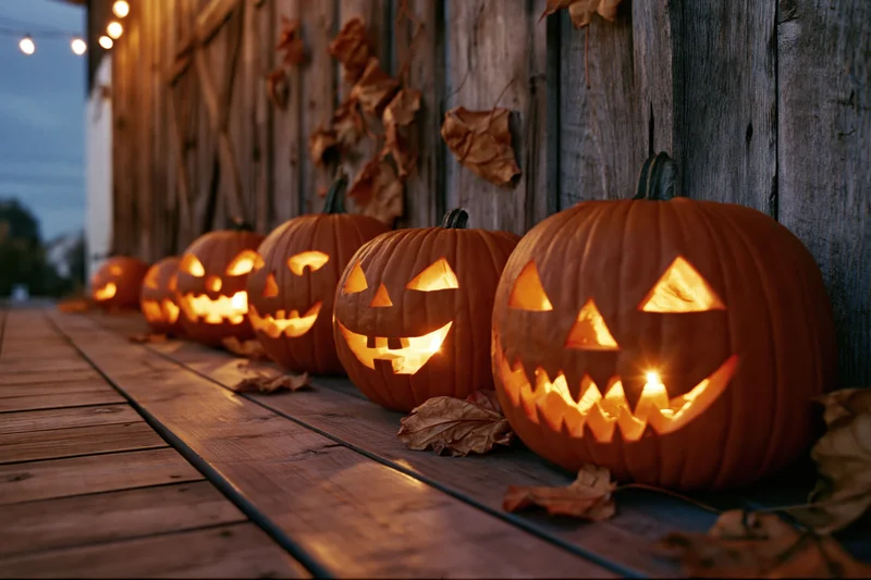 Carved jack-o-lanterns lined up along a wooden porch at evening