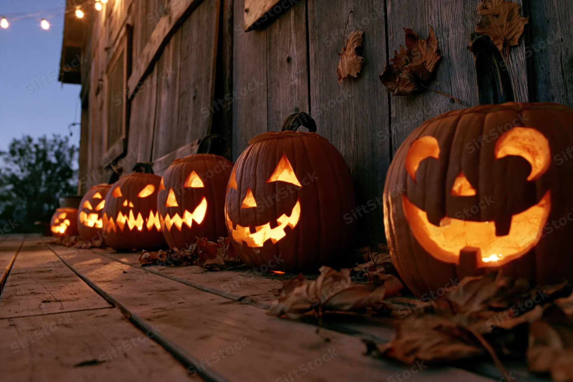 Carved jack-o-lanterns glowing in a row along a wooden porch at twilight
