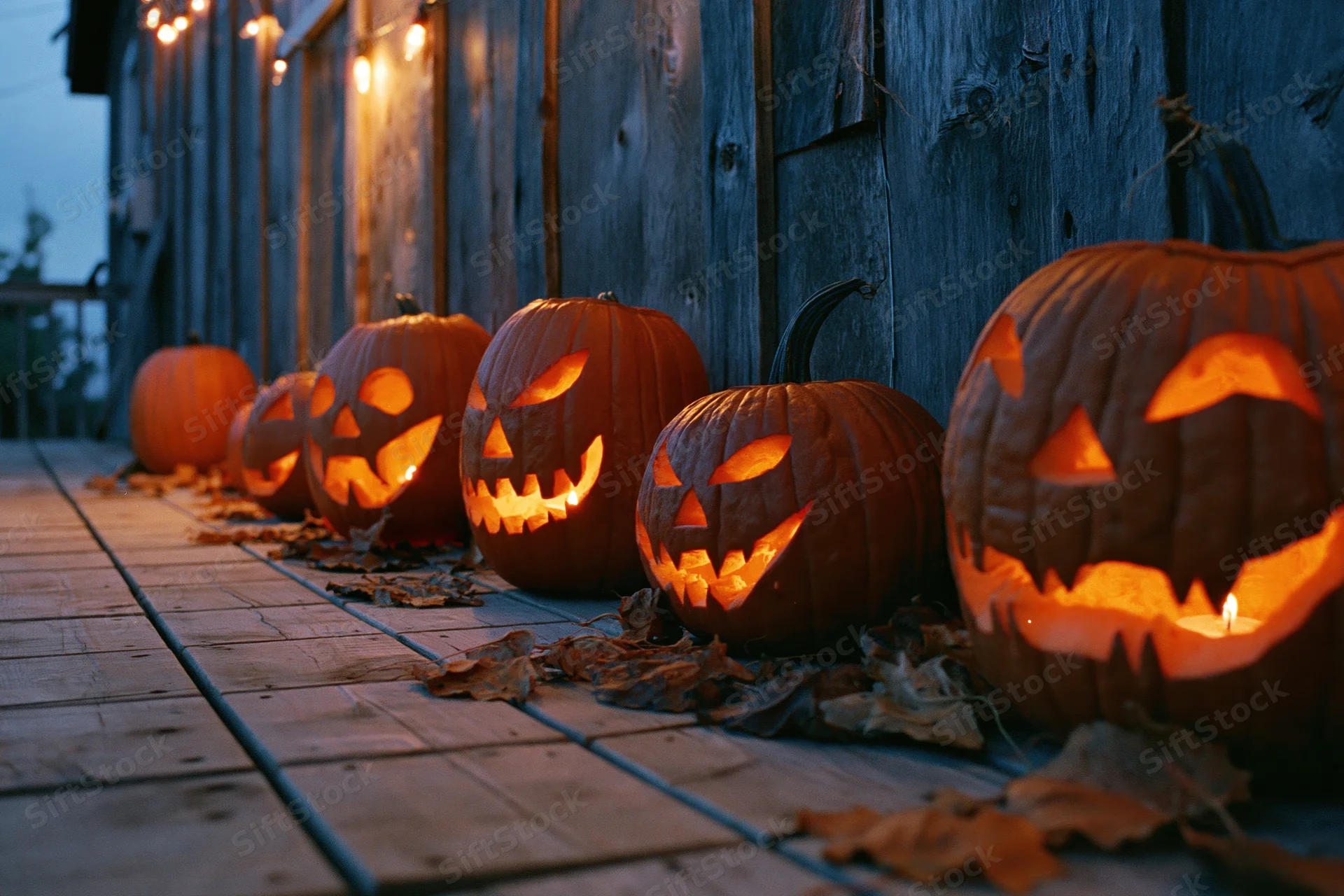 Carved jack-o-lanterns glowing with candles lined along a wooden porch at twilight