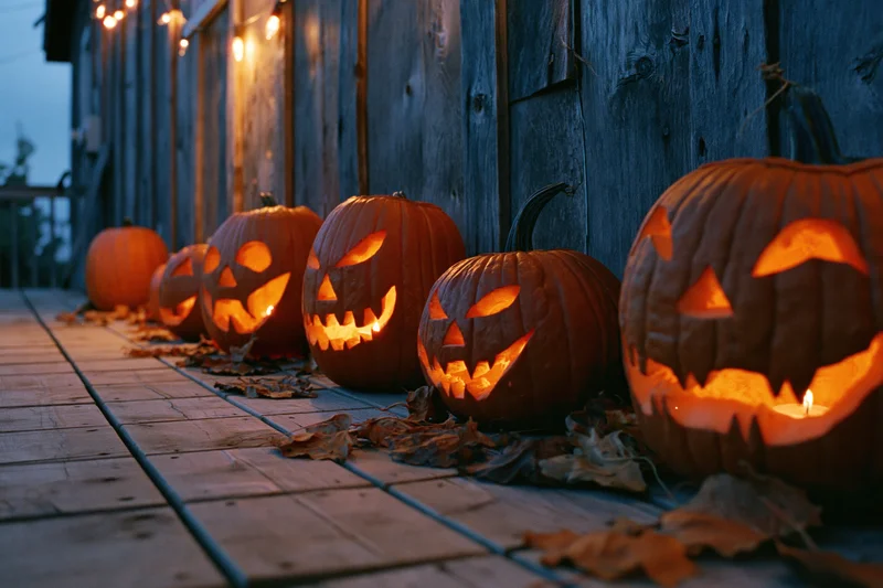 Carved jack-o-lanterns glowing with candles lined along a wooden porch at twilight