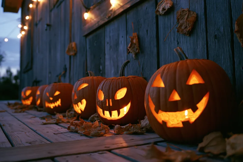 Carved jack-o-lanterns glowing on a wooden porch at twilight