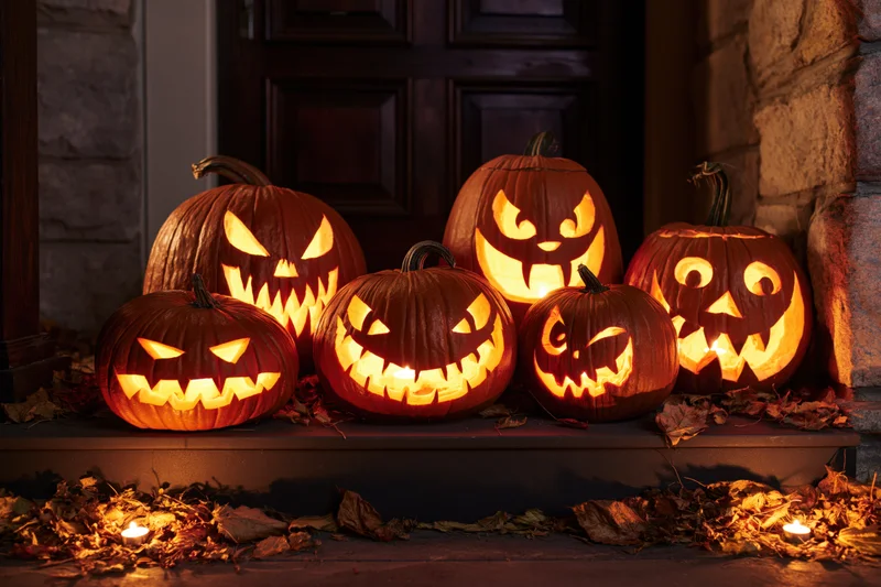 Five carved jack-o-lanterns glowing on a porch step at night