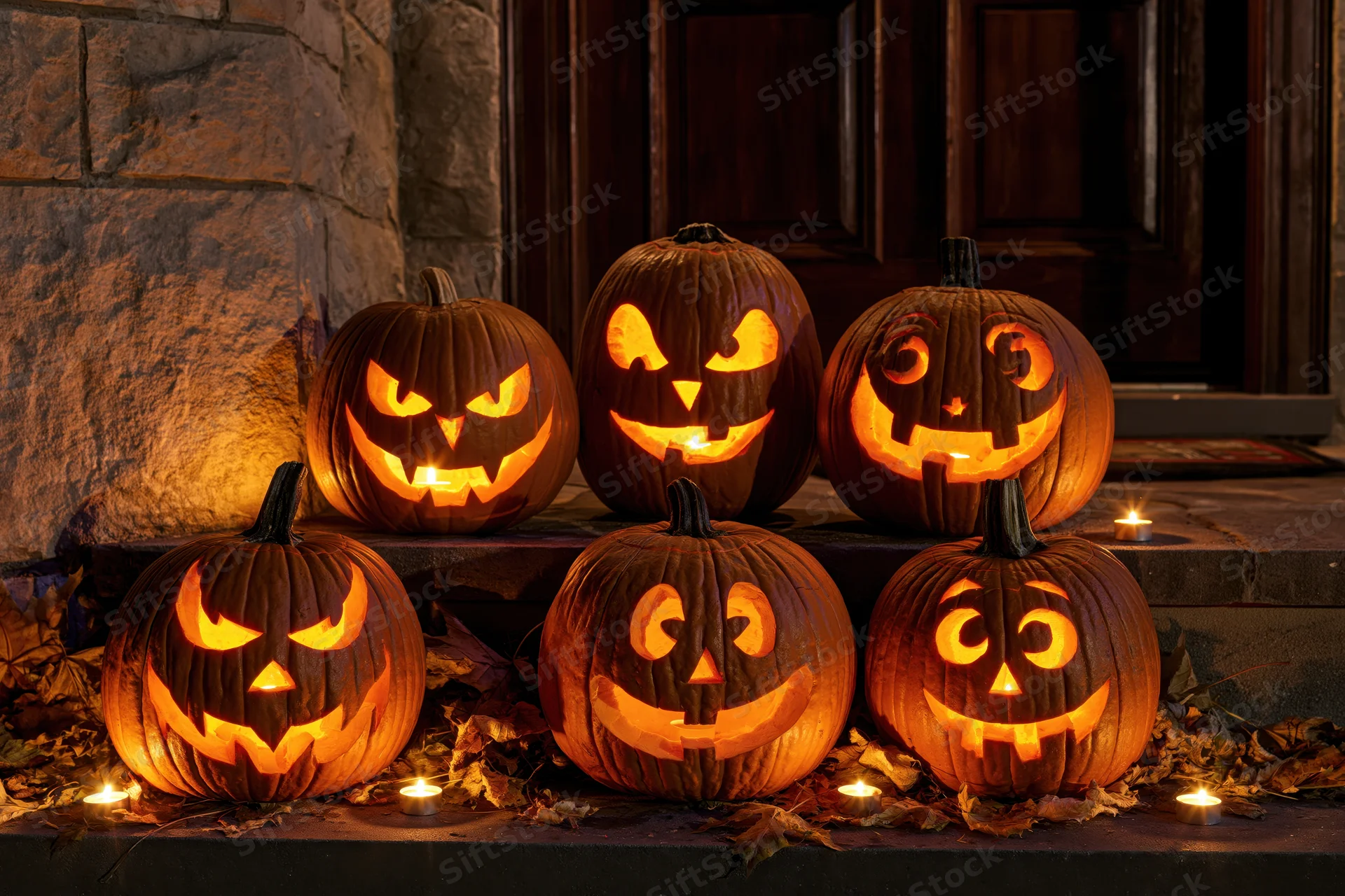 Six carved jack-o-lanterns glowing with candles on stone steps in front of a house door at night