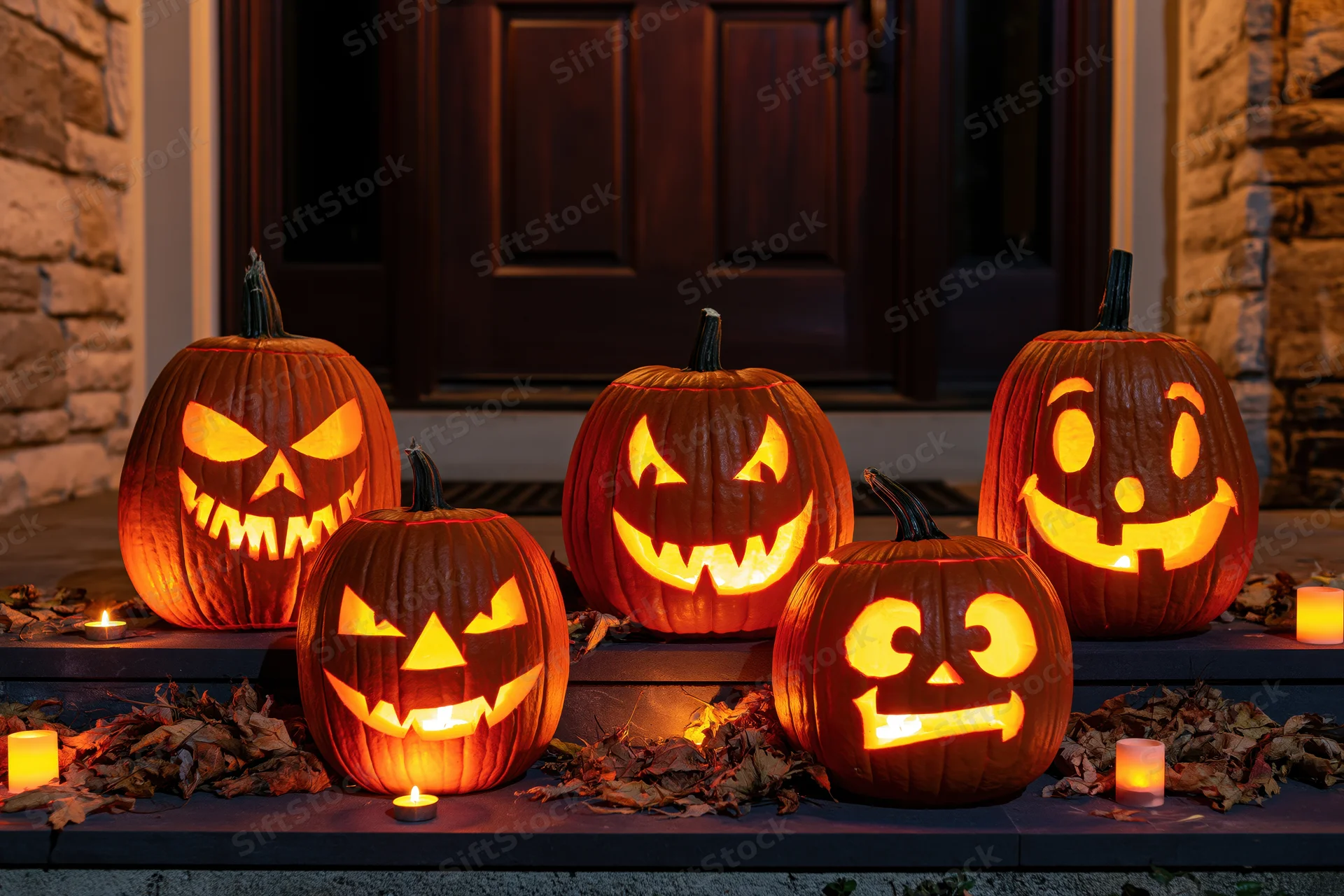 Five carved jack-o-lanterns glowing on stone steps in front of a wooden door at night