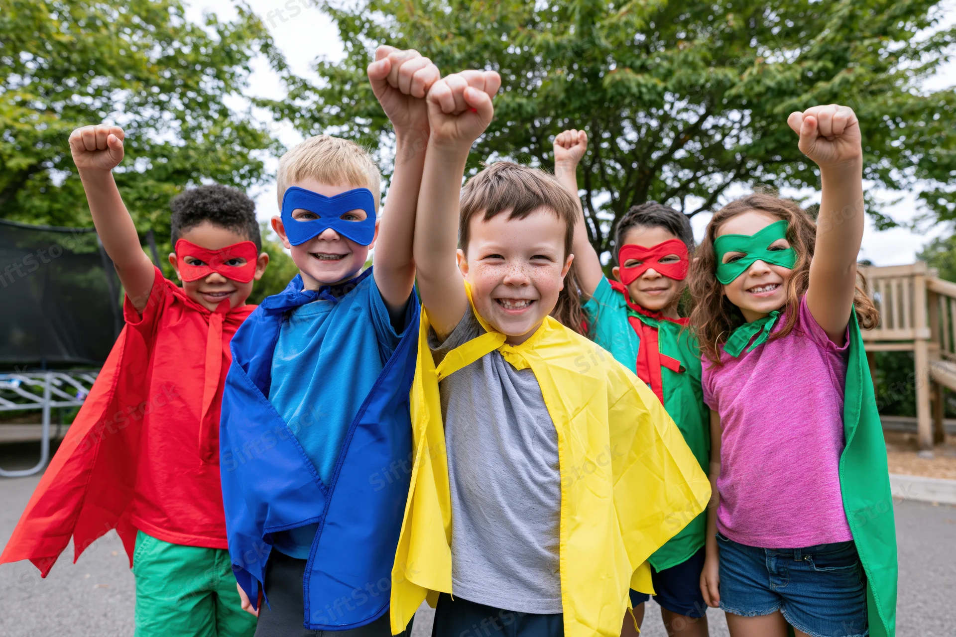 Five children in superhero costumes with capes and masks raising fists in a park
