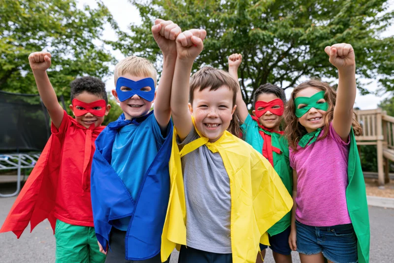 Five children in superhero costumes with capes and masks raising fists in a park