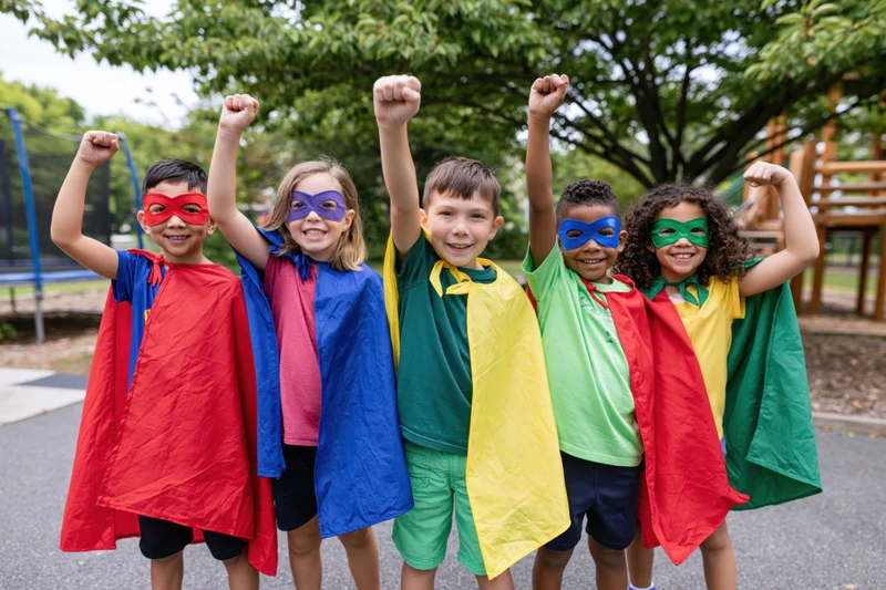 Five diverse children in superhero costumes with capes and masks raising fists in a park playground