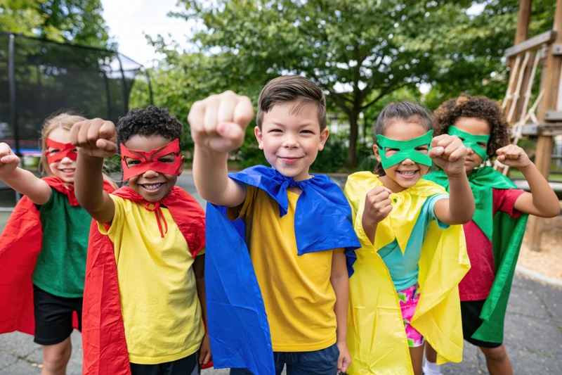 Five diverse children in superhero costumes posing with fists raised in a playground