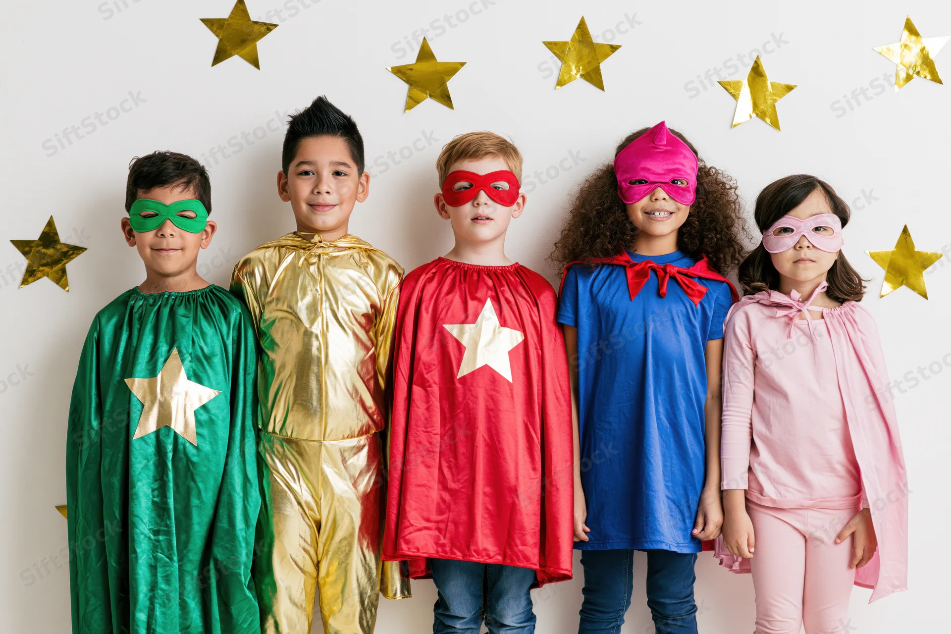Five children in colorful superhero costumes posing together against a white wall with gold stars