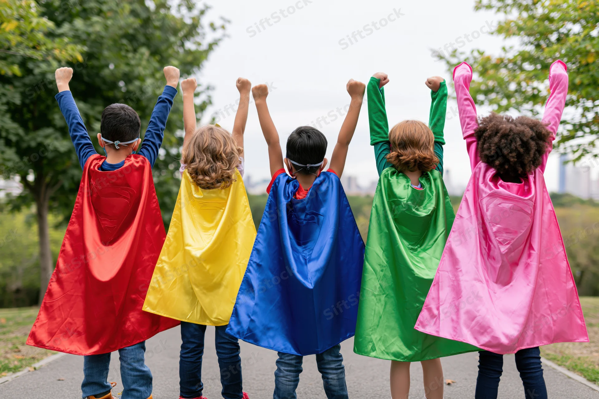Five children in colorful superhero capes with fists raised, standing in a park facing a city skyline