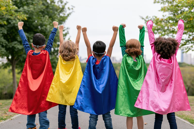 Five children in colorful superhero capes with fists raised, standing in a park facing a city skyline