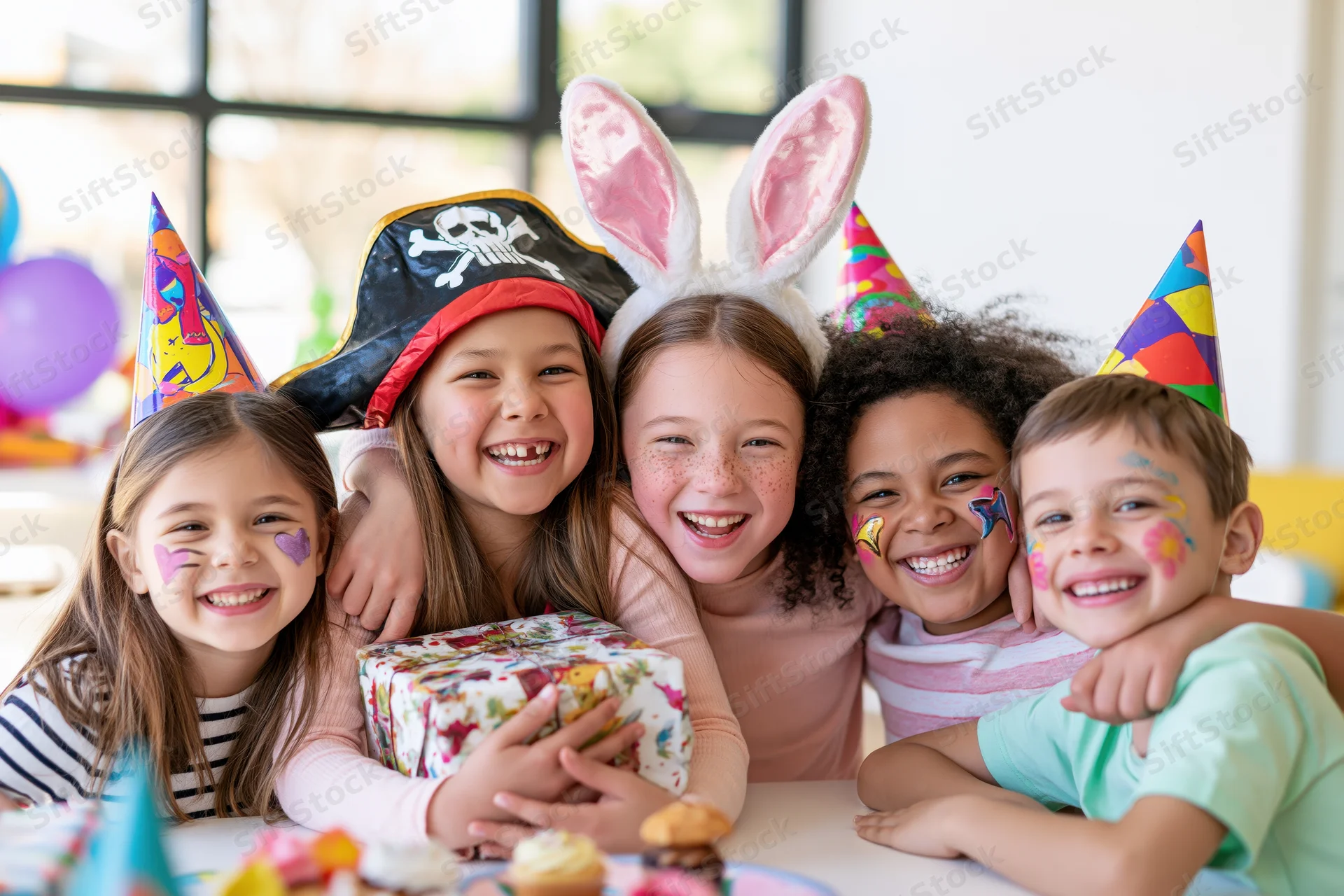 Five diverse children smiling together at a birthday party with face paint, party hats, and a gift on the table