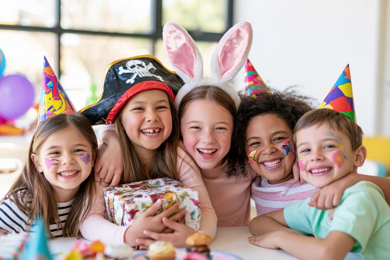 Five diverse children smiling together at a birthday party with face paint, party hats, and a gift on the table