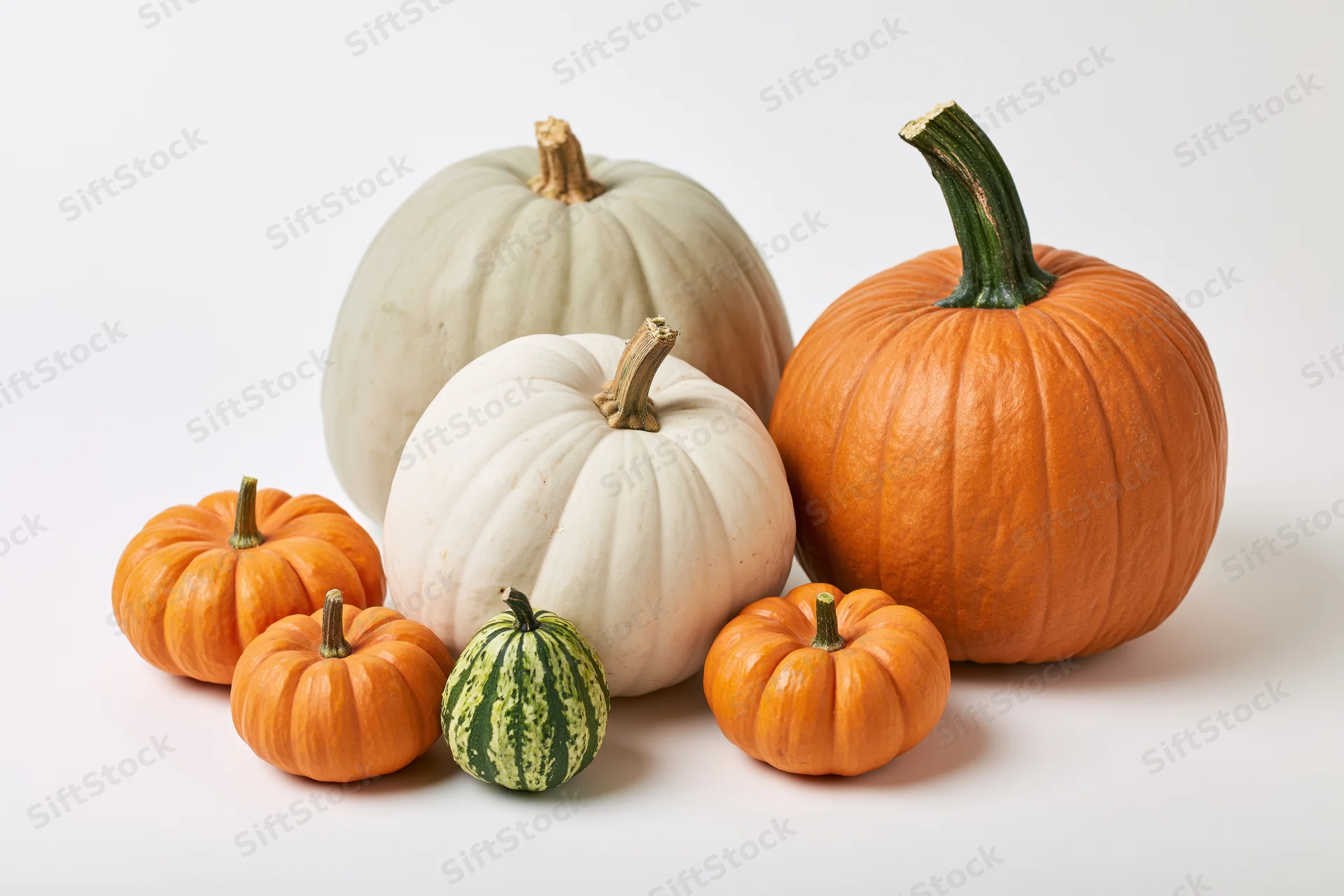 Assorted pumpkins of different sizes and colors arranged on a white surface