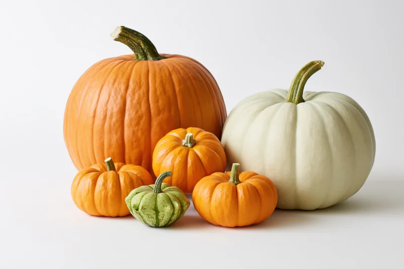 Group of pumpkins in various sizes and colors arranged on a white surface