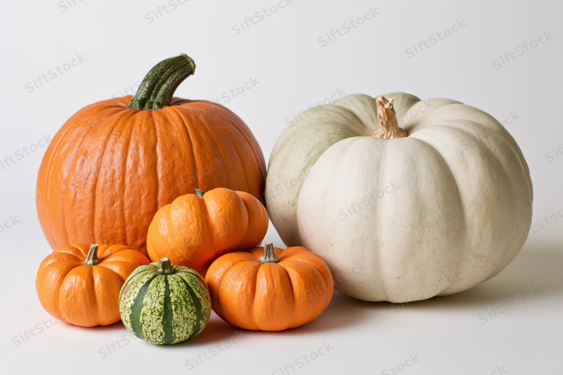 Several pumpkins of different sizes and colors arranged on a plain white surface