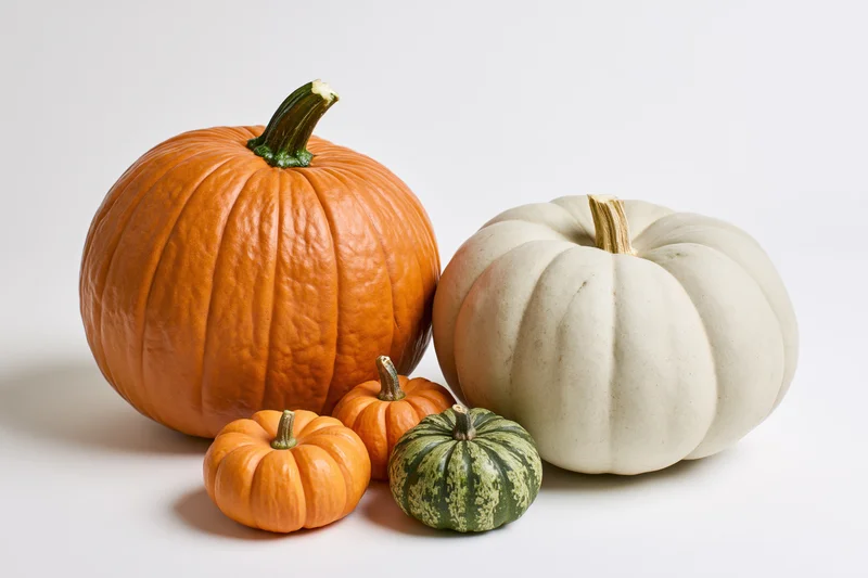 Five pumpkins of different sizes and colors arranged on a white surface