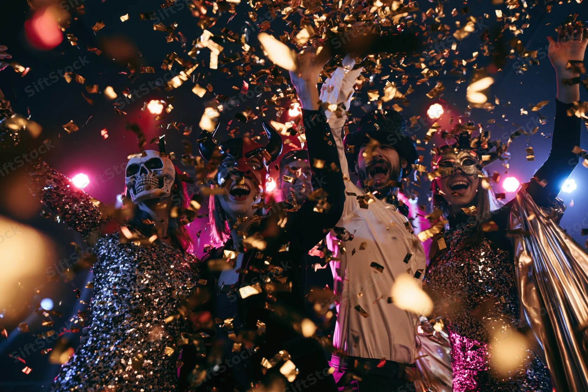 Young adults in halloween costumes dancing amidst falling confetti at a party