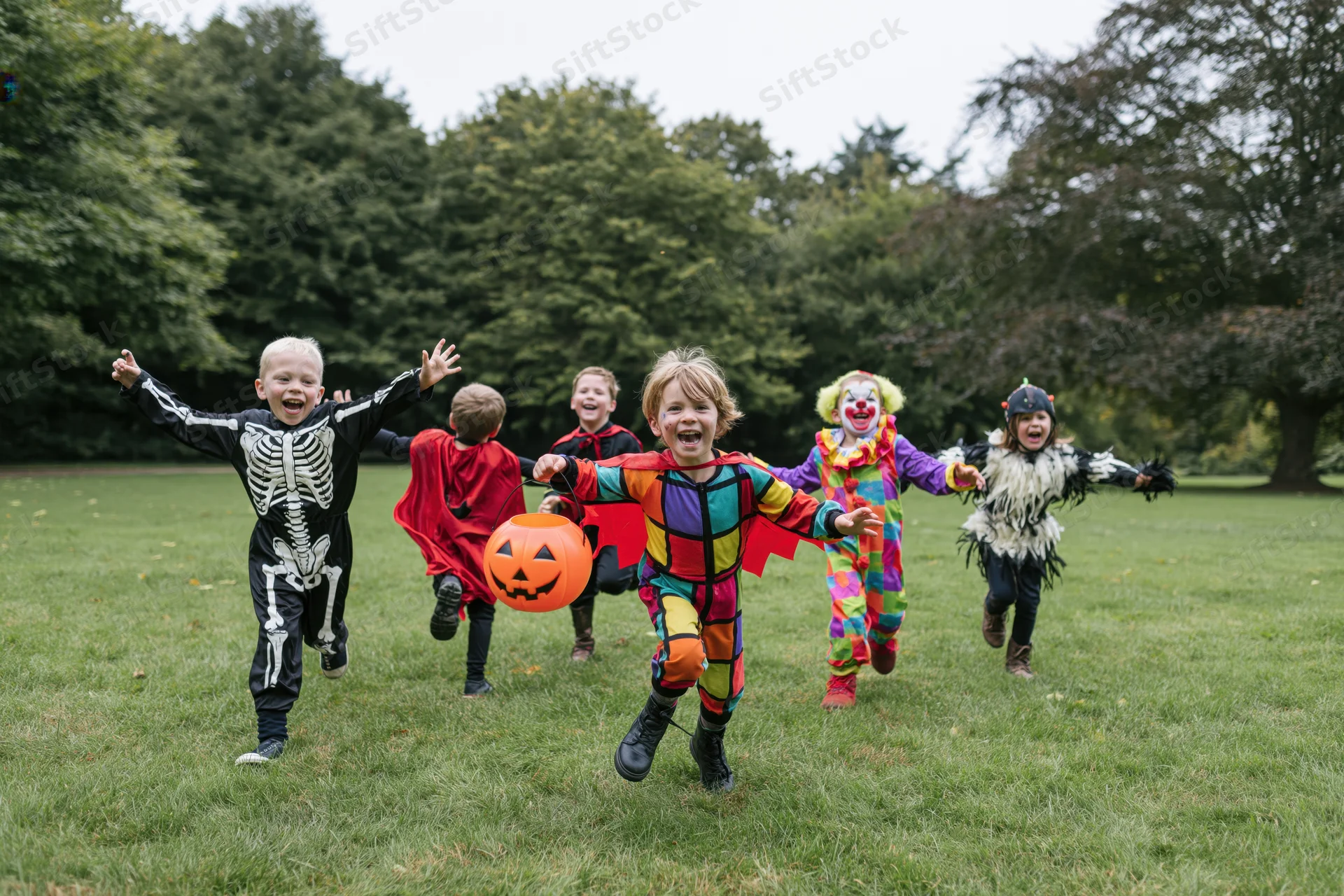 Five children in halloween costumes running and laughing on a grassy field