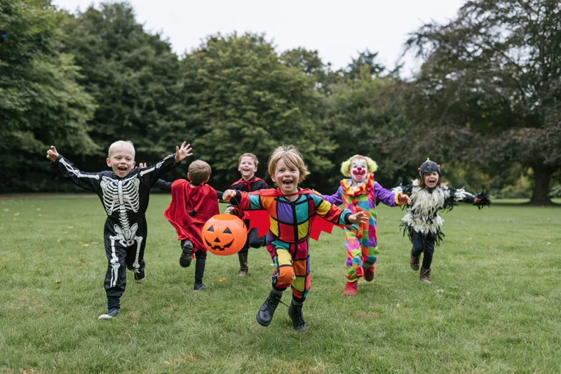 Five children in halloween costumes running and laughing on a grassy field