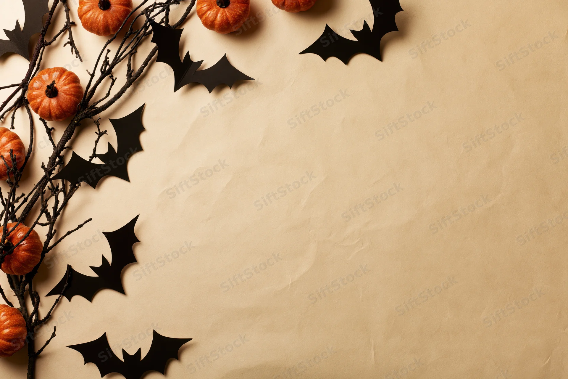Halloween decoration flat lay with pumpkins and bat cutouts on textured paper background