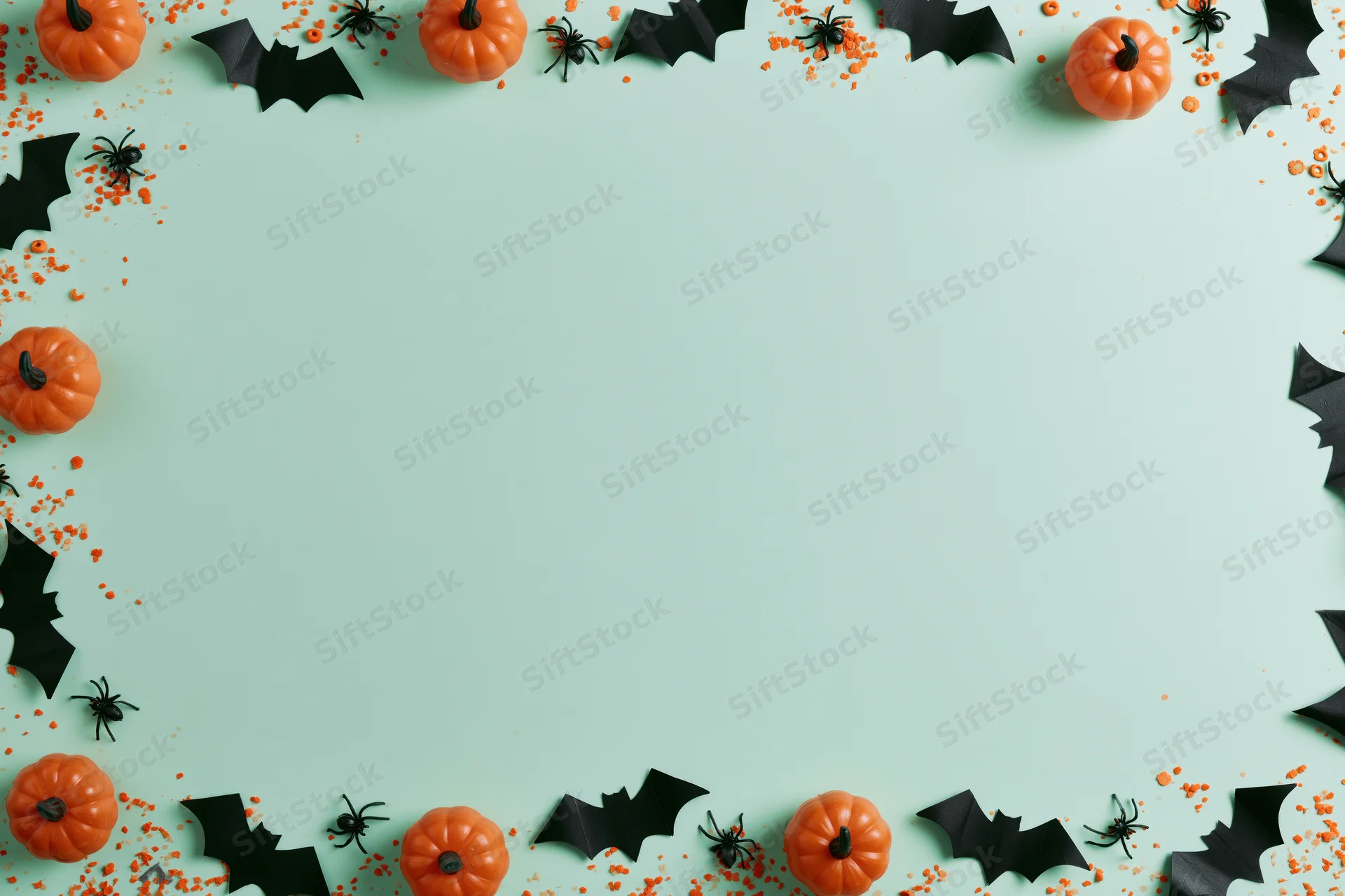 Halloween decorations arranged as a border frame on a mint background with copyspace