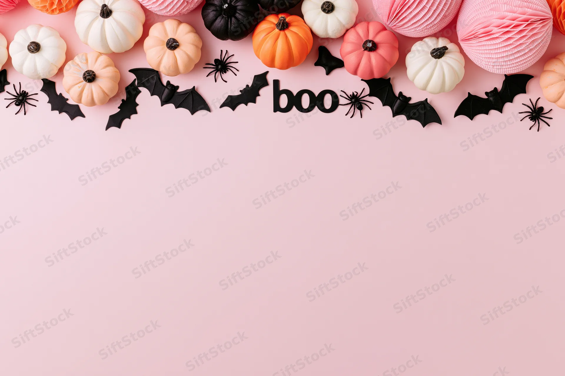 Halloween decorations arranged along top edge on pink background with copyspace below