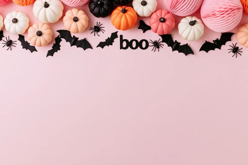 Halloween decorations arranged along top edge on pink background with copyspace below